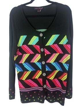 Elena Wang Multicoloured Geometric Artsy Chevron Knit Cardigan - Size Large